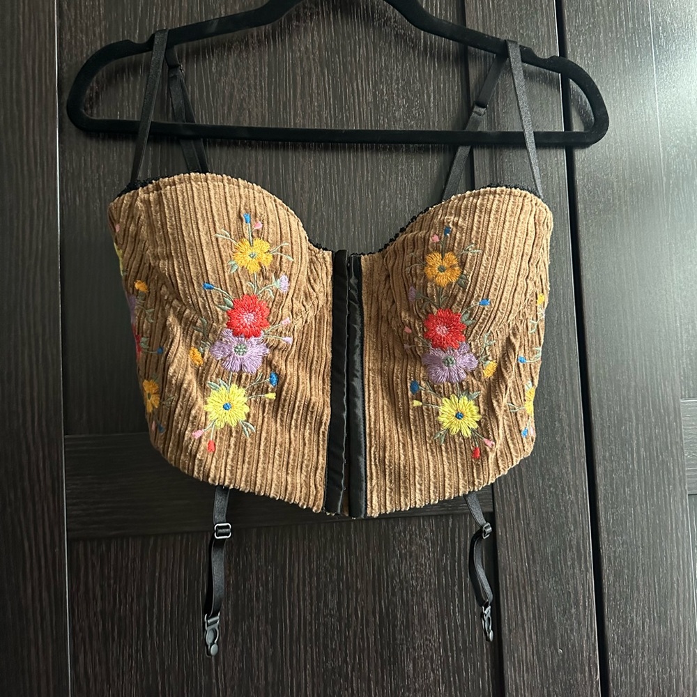 Danielle Guizio Flora Balconette Embroidered Corduroy Corset Top